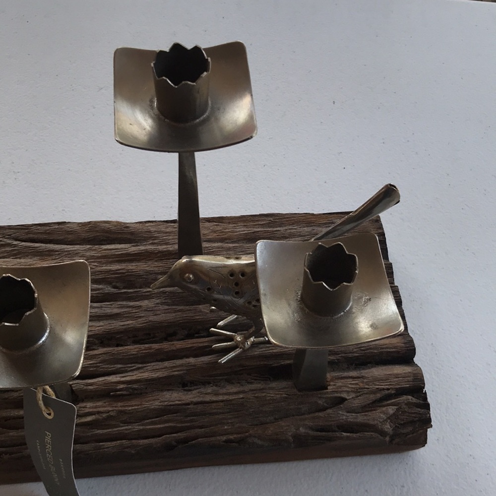 Pottery Barn Rustic Wood with Pierced Metal Bunny and Birds Taper Candle Holder - Picture 6 of 11